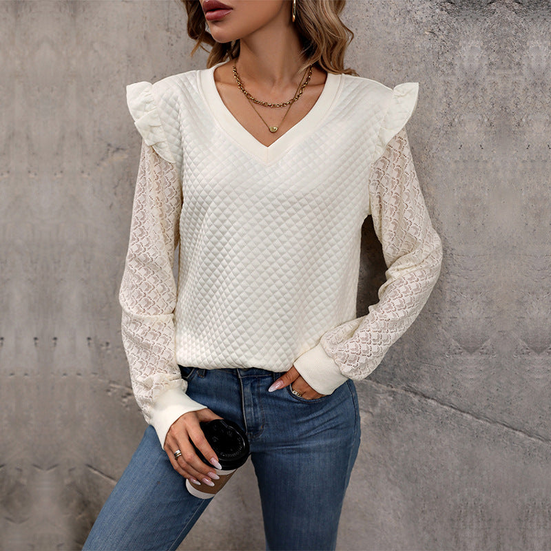 Ruffle Shoulder Dotted Lace Sleeve Blouse - Apricot - 4