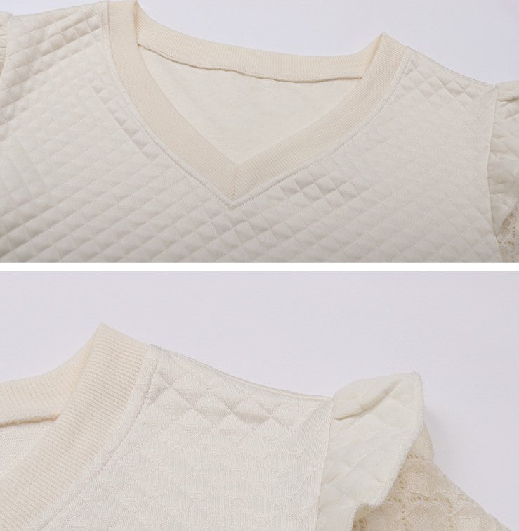 Ruffle Shoulder Dotted Lace Sleeve Blouse - Apricot - 6