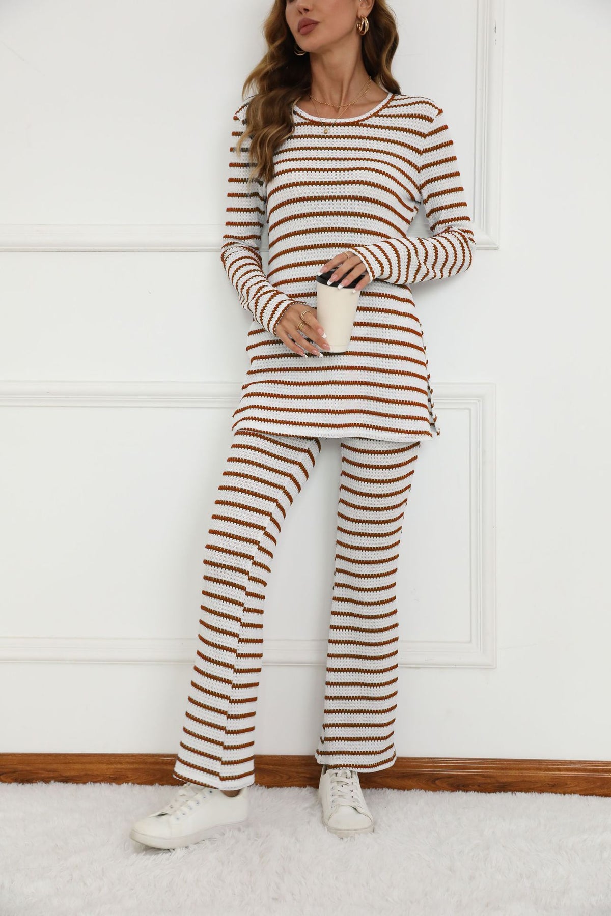 Textured Stripe Knit Top And Pants Set - Khaki