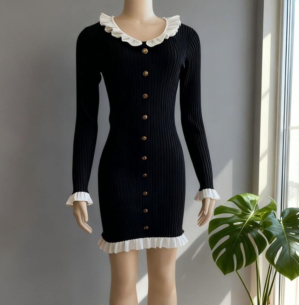 Ruffle Collar Ribbed Knit Mini Dress - Black