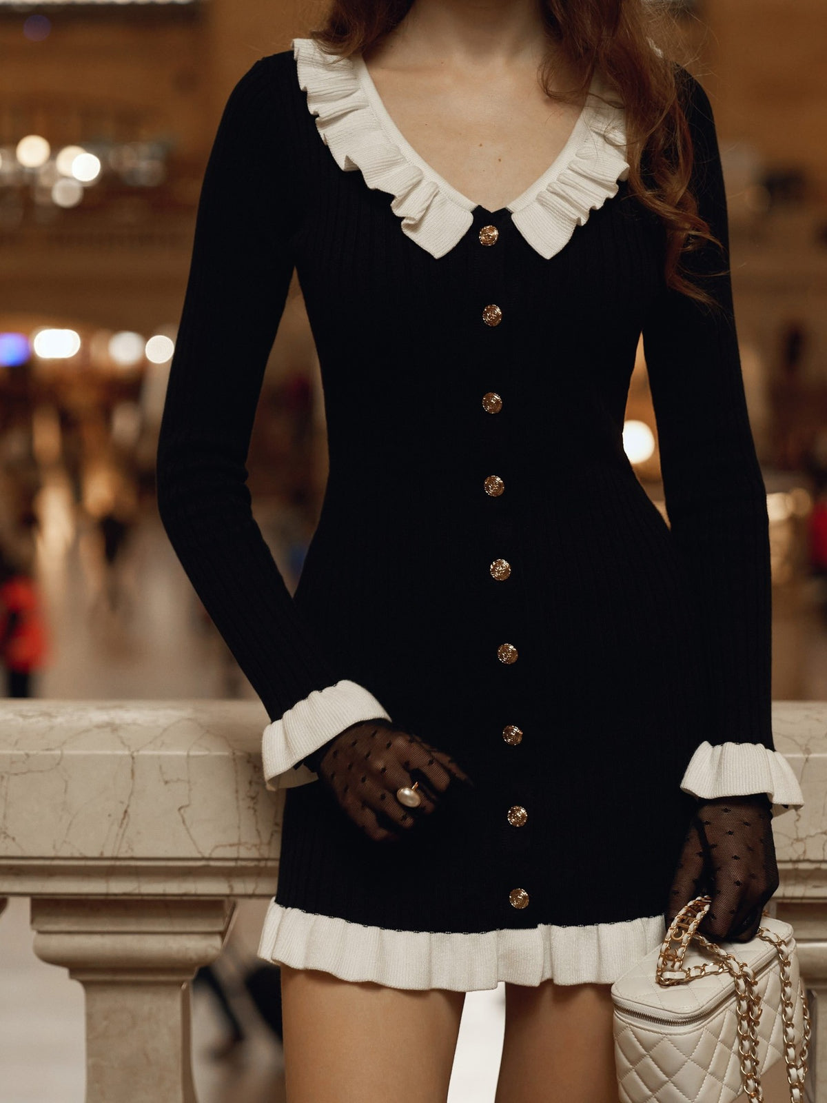 Ruffle Collar Ribbed Knit Mini Dress - Black - 1