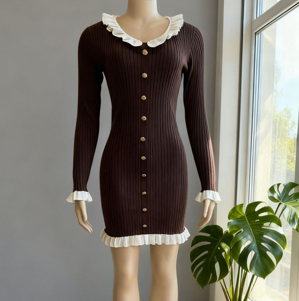 Ruffle Collar Ribbed Knit Mini Dress - Brown