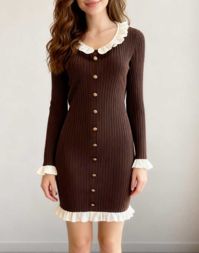 Ruffle Collar Ribbed Knit Mini Dress - Brown - 1