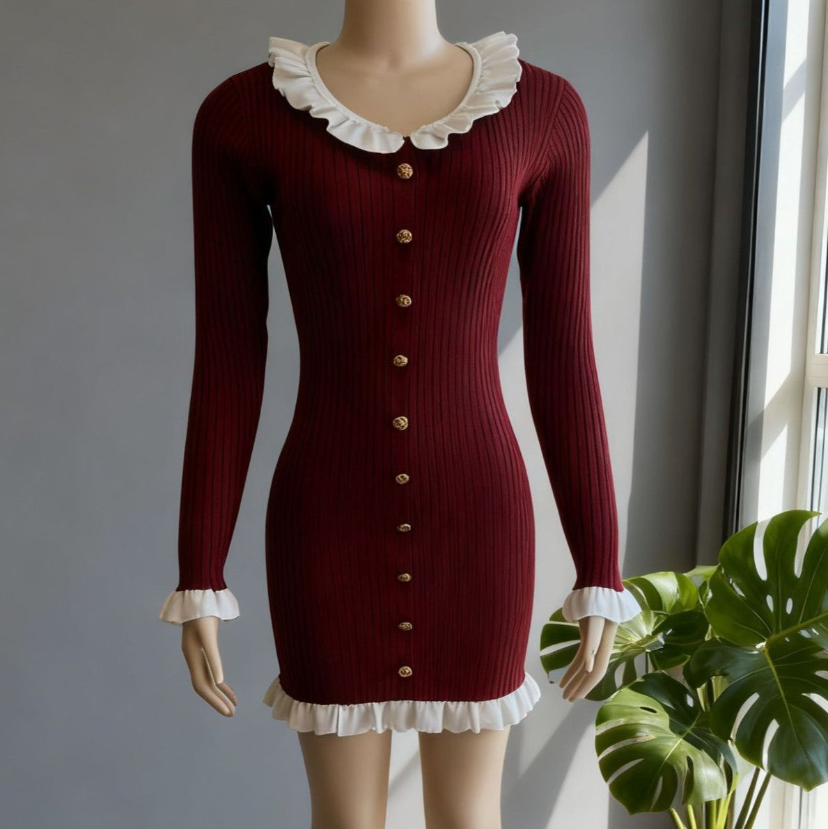 Ruffle Collar Ribbed Knit Mini Dress - Winered