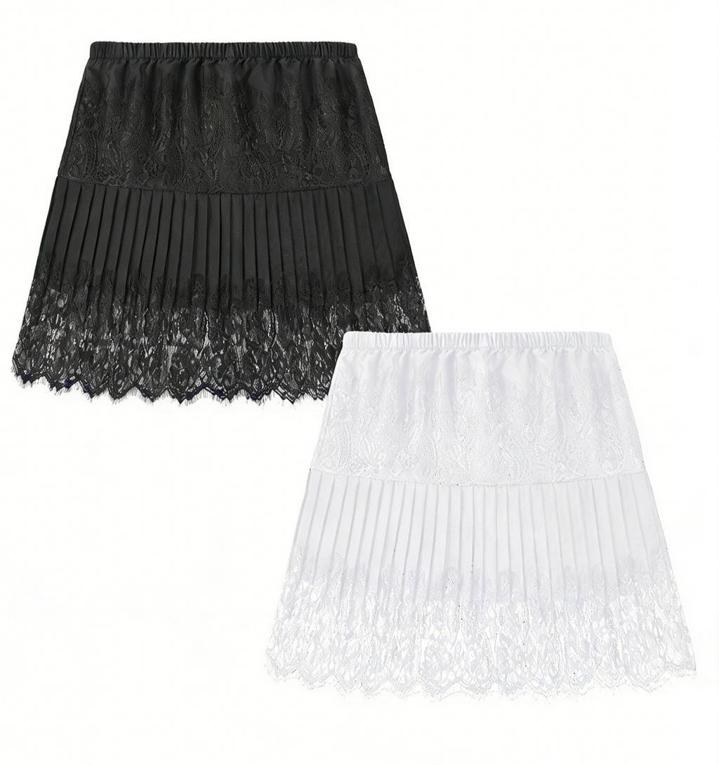 Pleated Lace Mini Skirt With Shorts - Black - 1