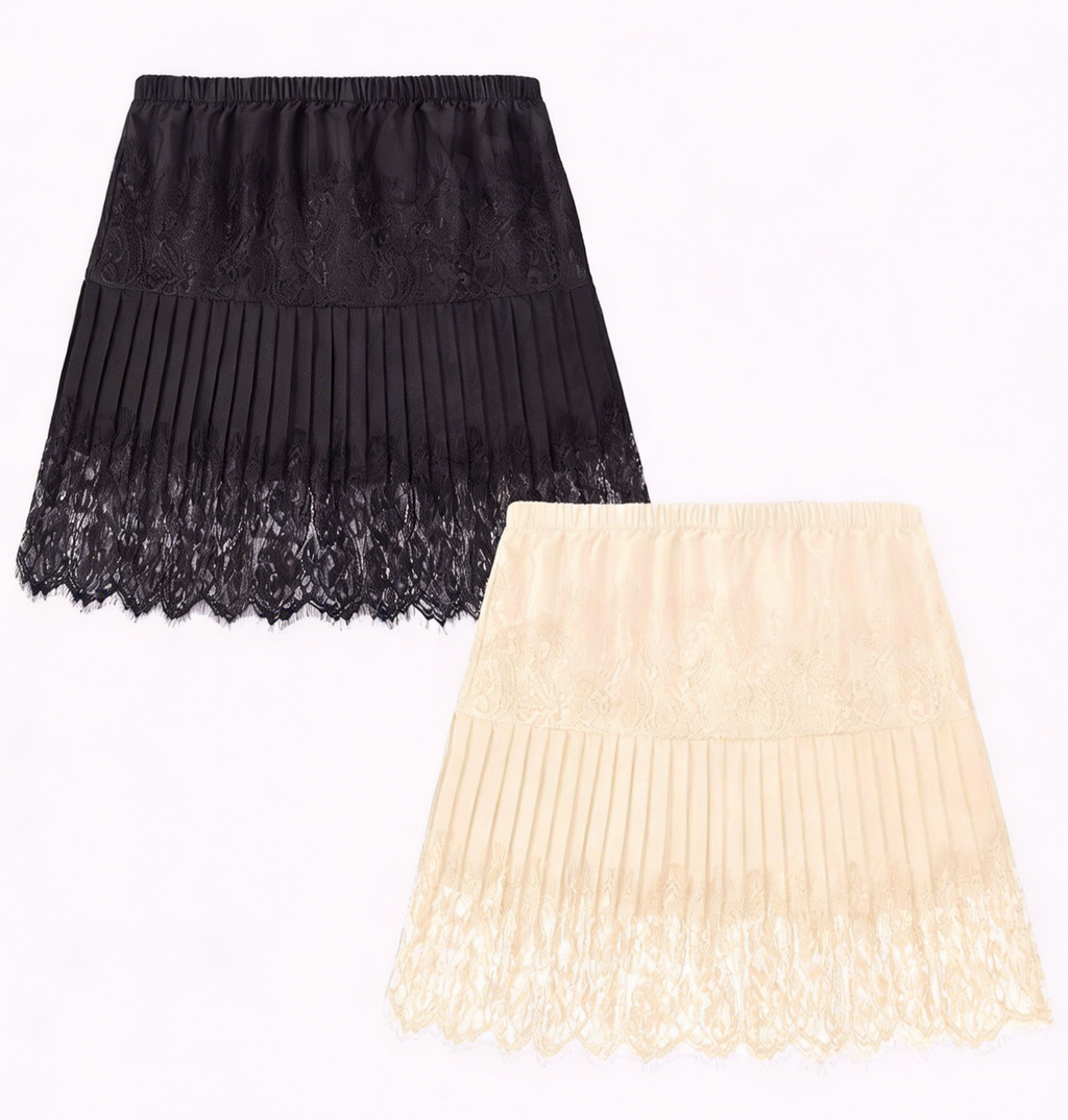 Pleated Lace Mini Skirt With Shorts - Black - 4