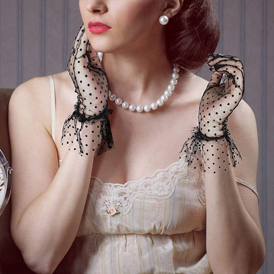 Sheer Polka Dot Tulle Gloves - BlackDots - 1