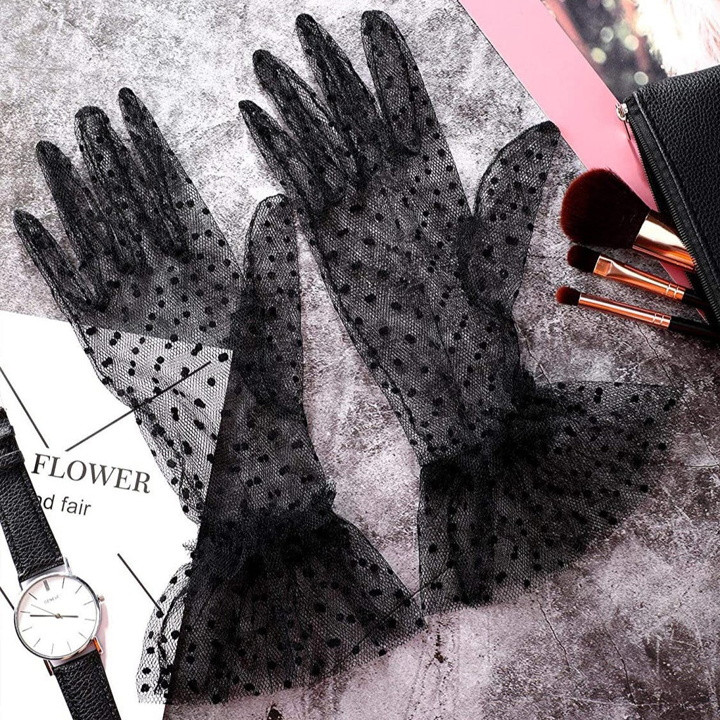 Sheer Polka Dot Tulle Gloves - BlackDots - 2