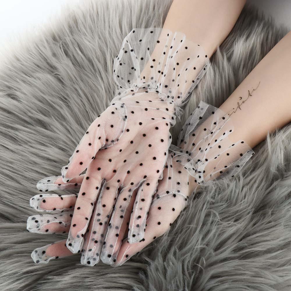 Sheer Polka Dot Tulle Gloves - White-BlackDots