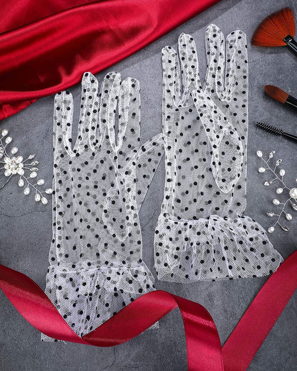 Sheer Polka Dot Tulle Gloves - White-BlackDots - 2