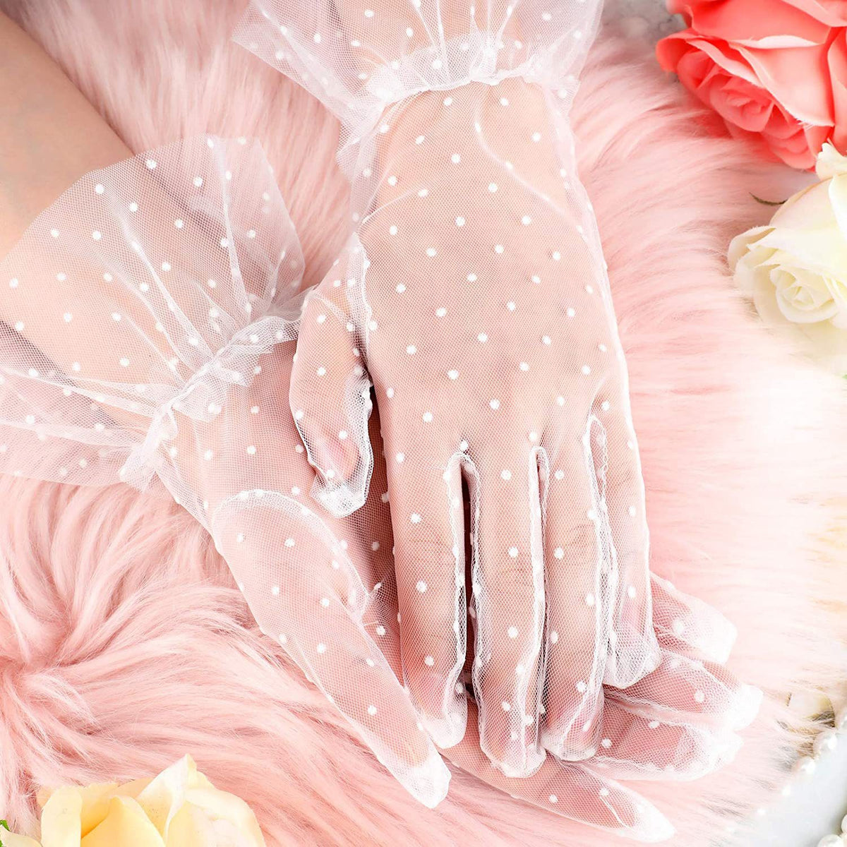 Sheer Polka Dot Tulle Gloves - WhiteDots - 3