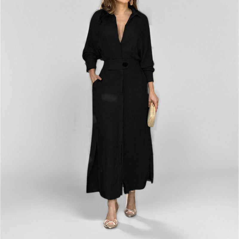 Collared Button Through Maxi Shirt Dress - Black