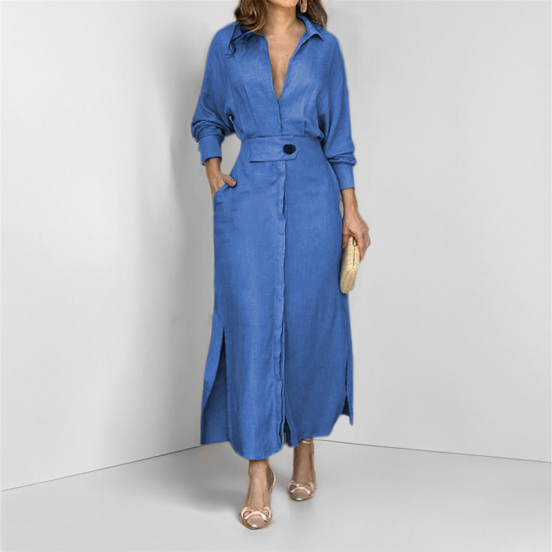 Collared Button Through Maxi Shirt Dress - Blue