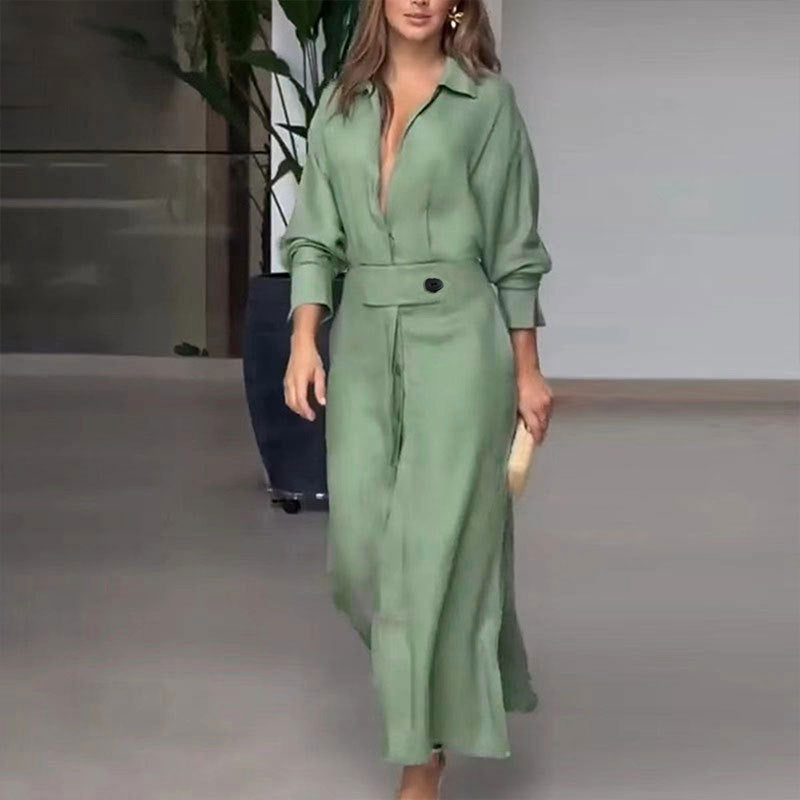 Collared Button Through Maxi Shirt Dress - Green