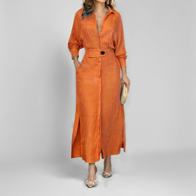 Collared Button Through Maxi Shirt Dress - Orange