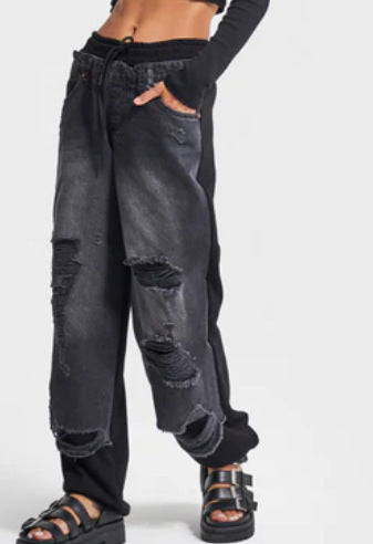 Ripped Patchwork Drawstring Wide Leg Jeans - Black