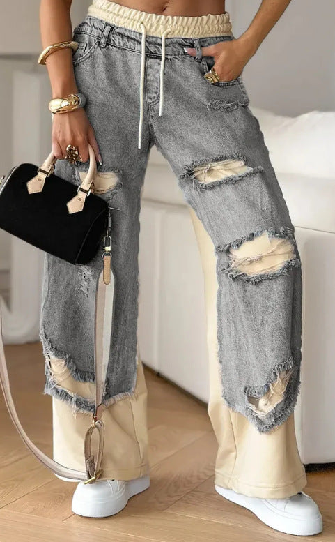 Ripped Patchwork Drawstring Wide Leg Jeans - Dark-Gray