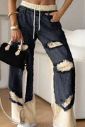 Ripped Patchwork Drawstring Wide Leg Jeans - Graphite