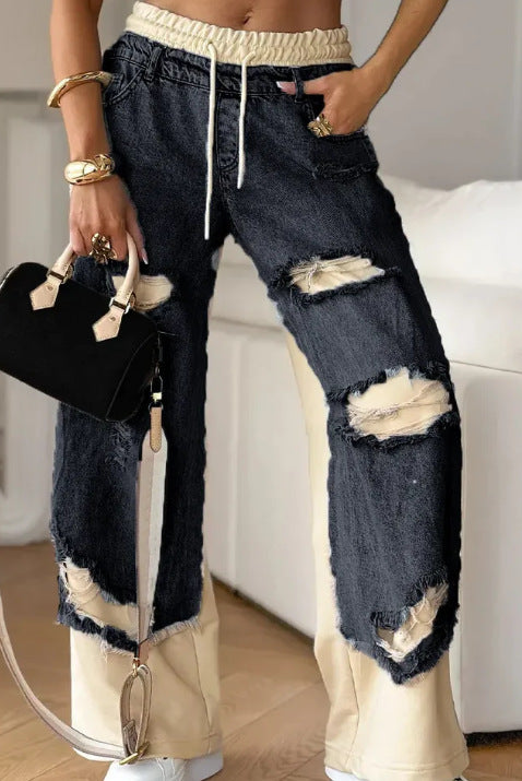 Ripped Patchwork Drawstring Wide Leg Jeans - Graphite