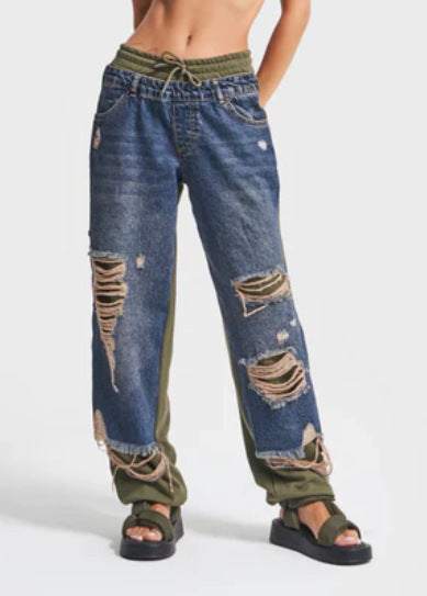 Ripped Patchwork Drawstring Wide Leg Jeans - TBlue
