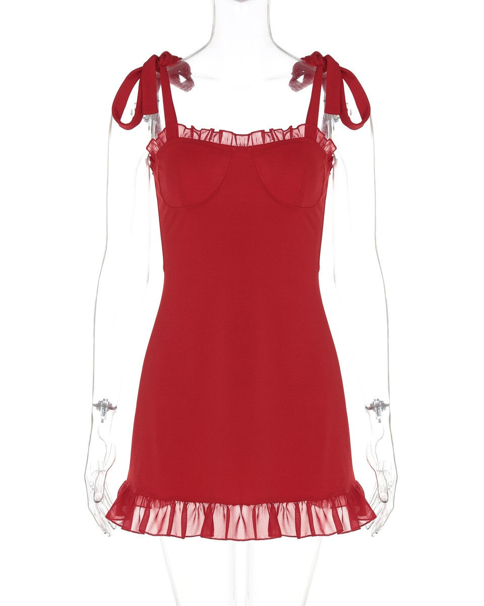 Bow Strap Ruffle Hem Mini Dress - Red - 1