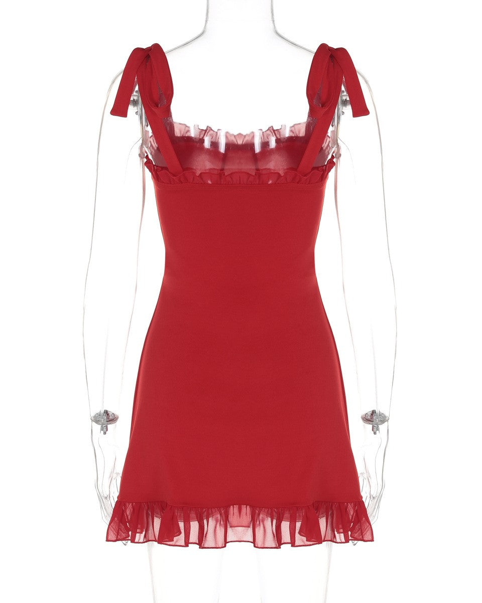 Bow Strap Ruffle Hem Mini Dress - Red - 2