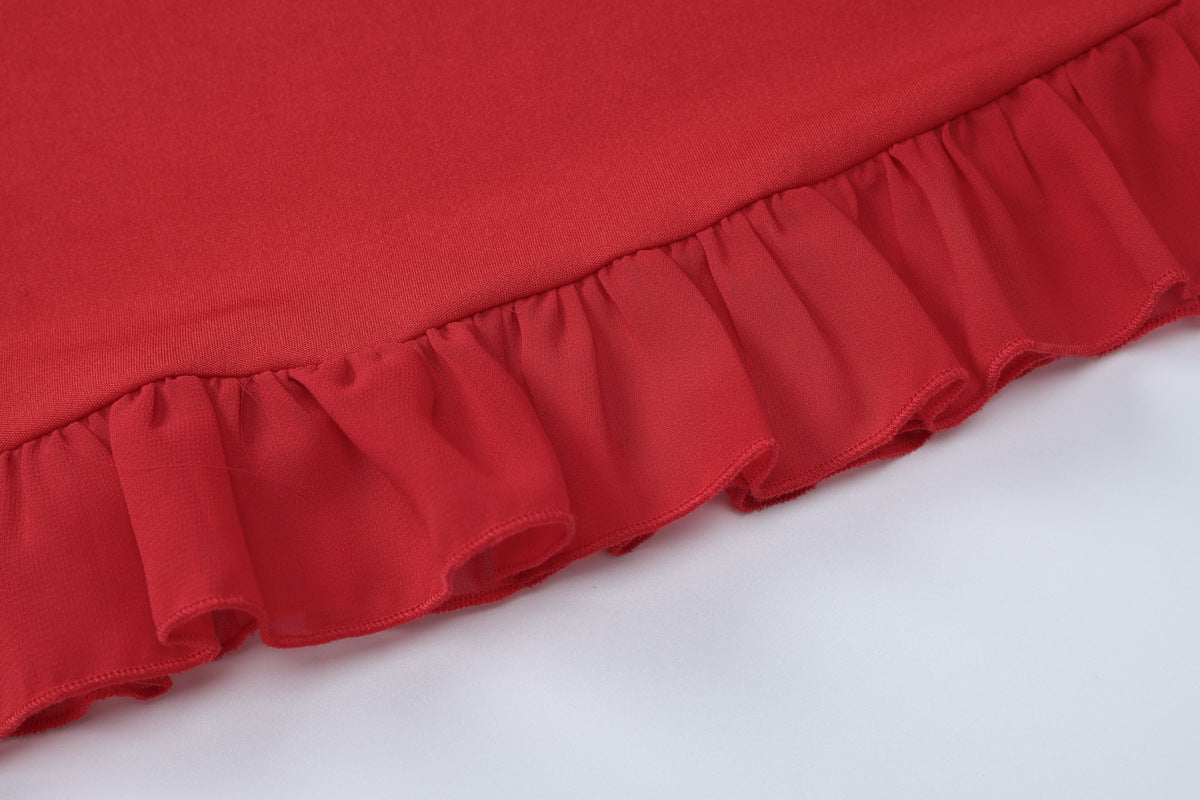 Bow Strap Ruffle Hem Mini Dress - Red - 3
