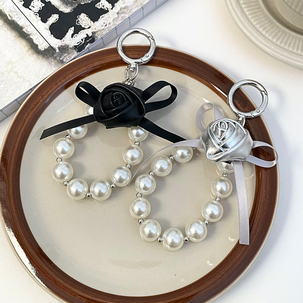 Satin Rose and Pearl Loop Keychain - Black