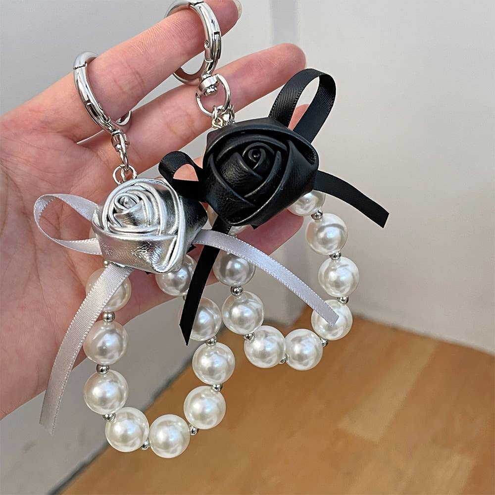 Satin Rose and Pearl Loop Keychain