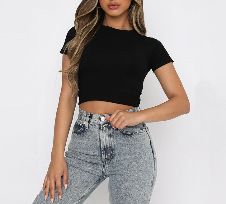 Slim Fit Ribbed Crew Neck Crop Tee - Black