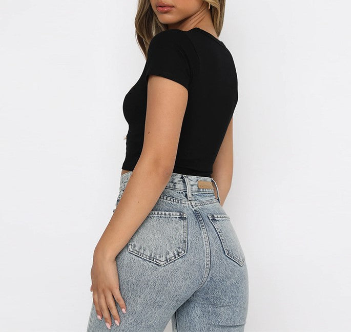 Slim Fit Ribbed Crew Neck Crop Tee - Black - 3