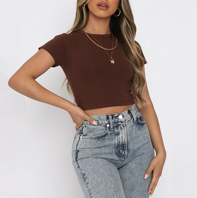 Slim Fit Ribbed Crew Neck Crop Tee - Coffee