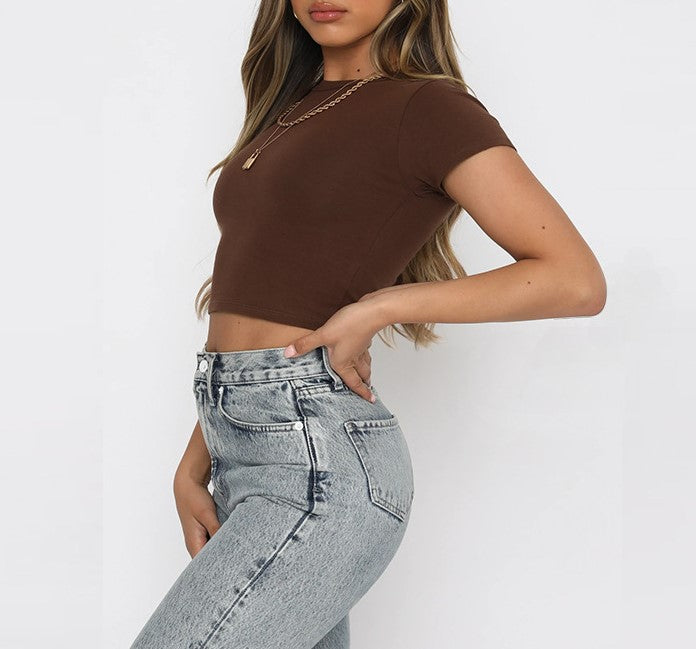 Slim Fit Ribbed Crew Neck Crop Tee - Coffee - 1