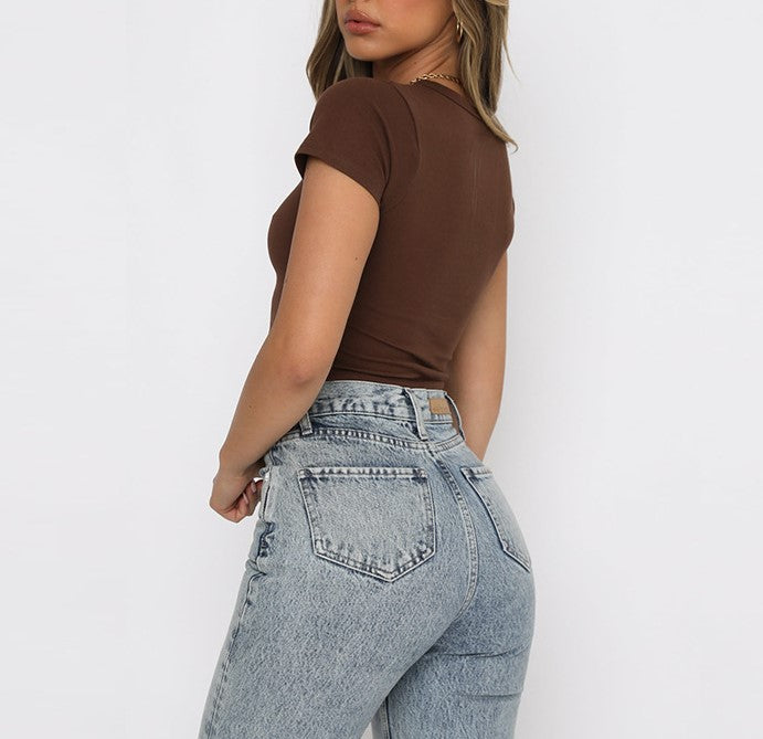 Slim Fit Ribbed Crew Neck Crop Tee - Coffee - 2