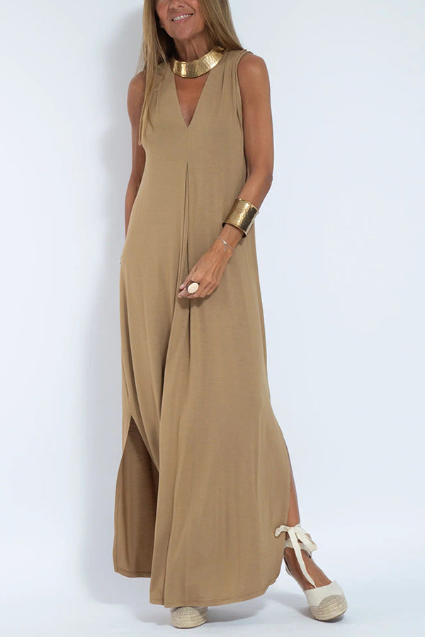 V-Neck Sleeveless Pleat Front Side Slit Maxi Dress - Khaki