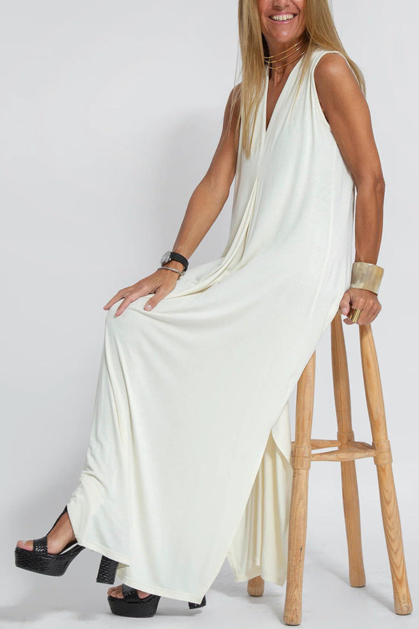 V-Neck Sleeveless Pleat Front Side Slit Maxi Dress - White