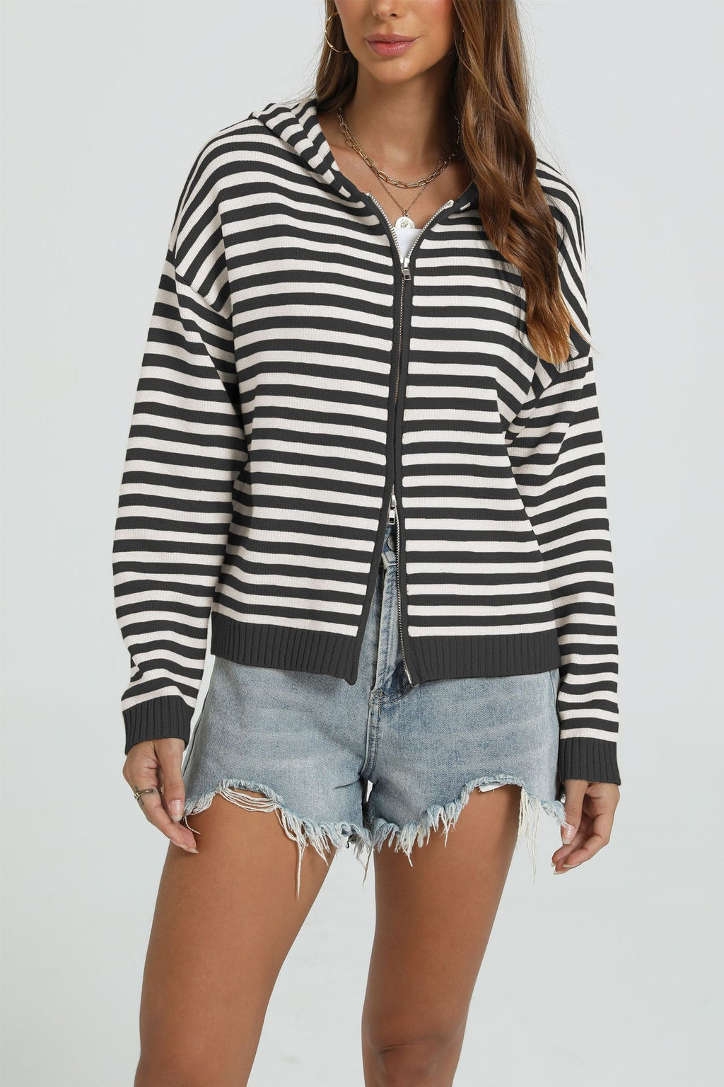 Striped Zip Front Hooded Knit Cardigan - Black