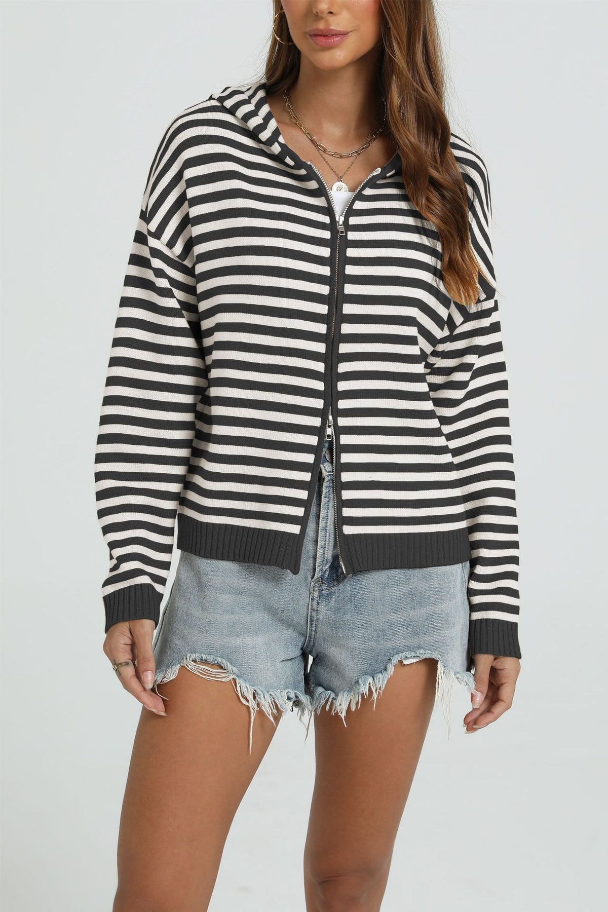 Striped Zip Front Hooded Knit Cardigan - Black