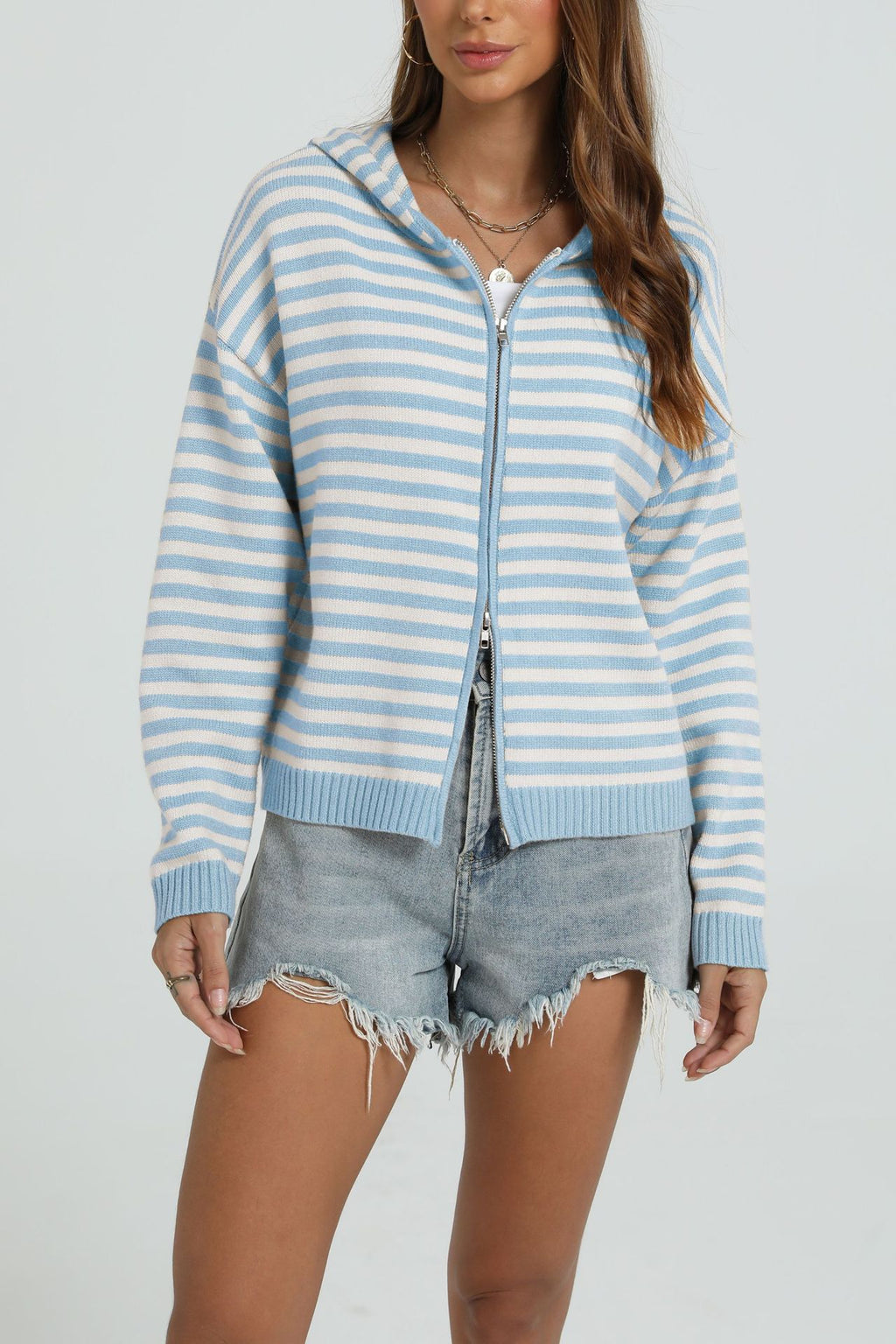 Striped Zip Front Hooded Knit Cardigan - Blue