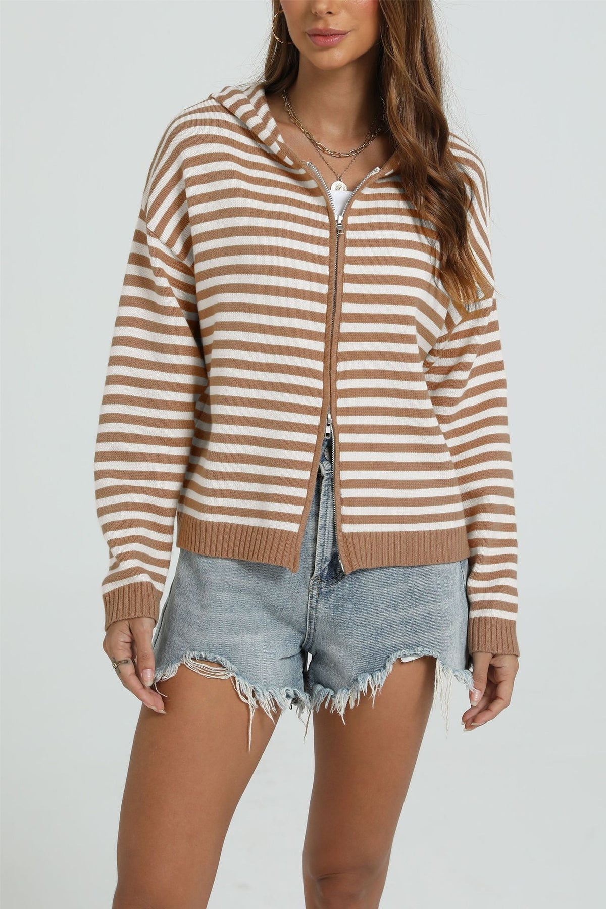 Striped Zip Front Hooded Knit Cardigan - Khaki - 1