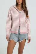 Striped Zip Front Hooded Knit Cardigan - Pink