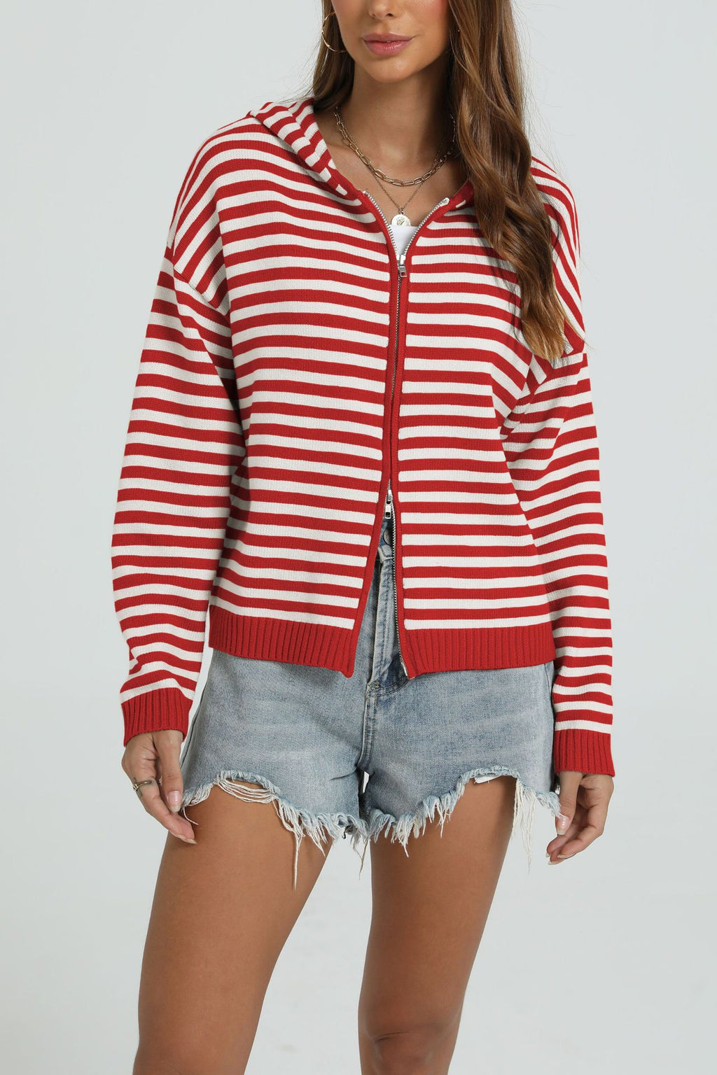 Striped Zip Front Hooded Knit Cardigan - Red