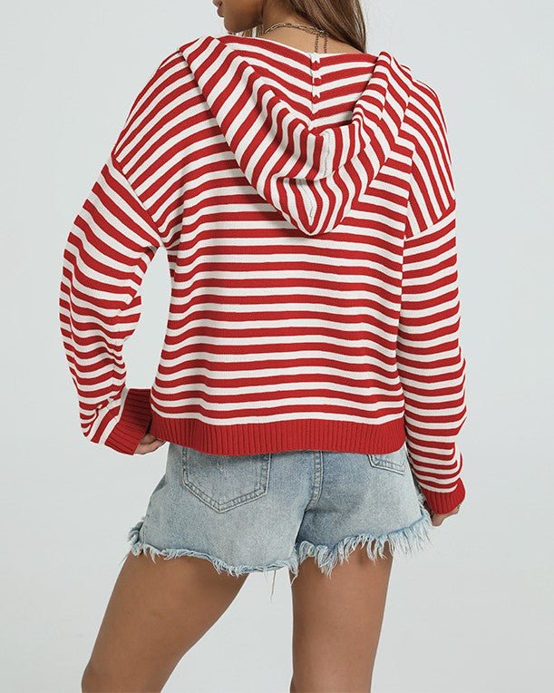 Striped Zip Front Hooded Knit Cardigan - Red - 1