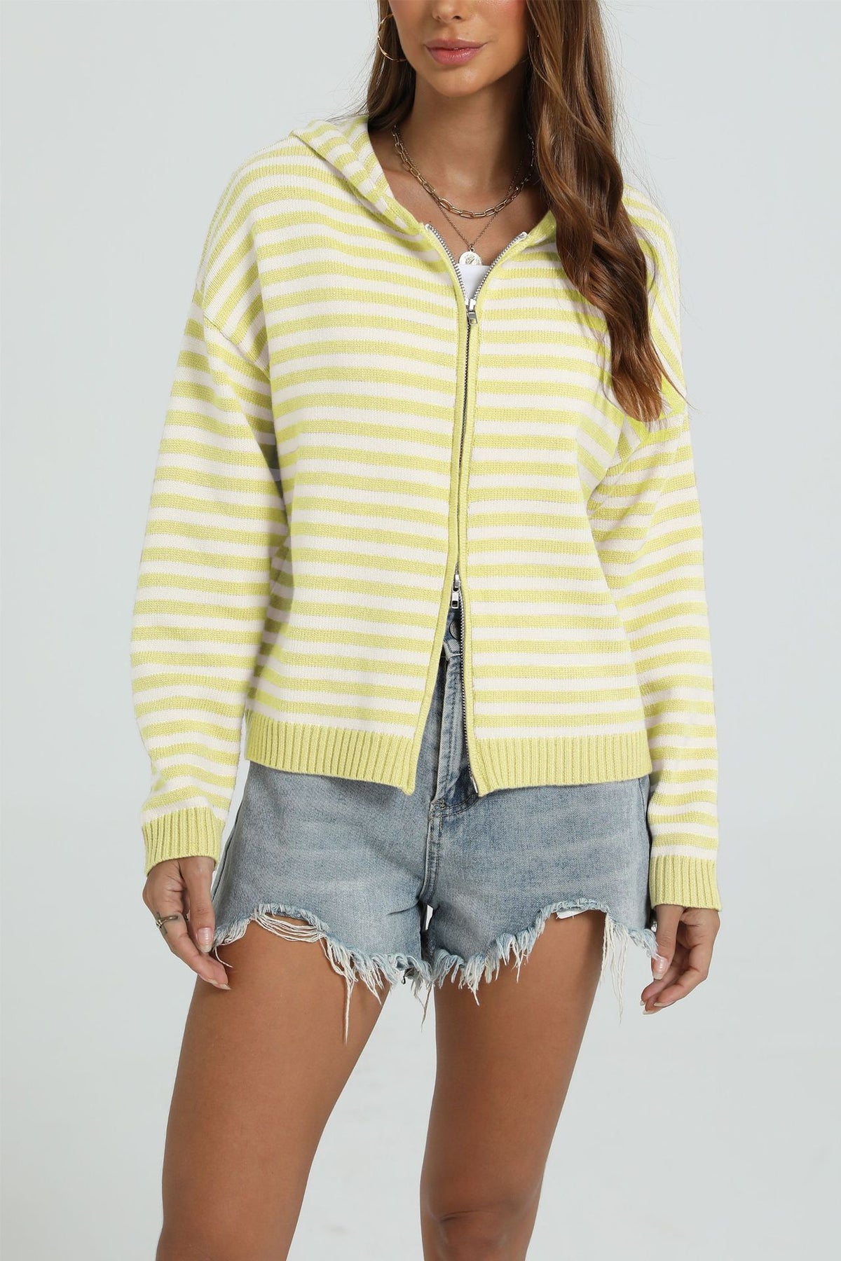 Striped Zip Front Hooded Knit Cardigan - Yellow