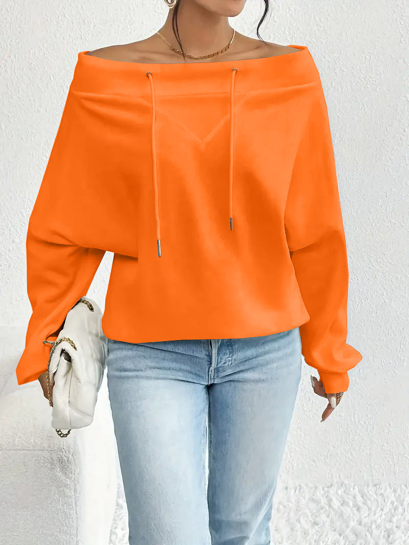 Off Shoulder Drawstring Slouchy Sweatshirt - Orange