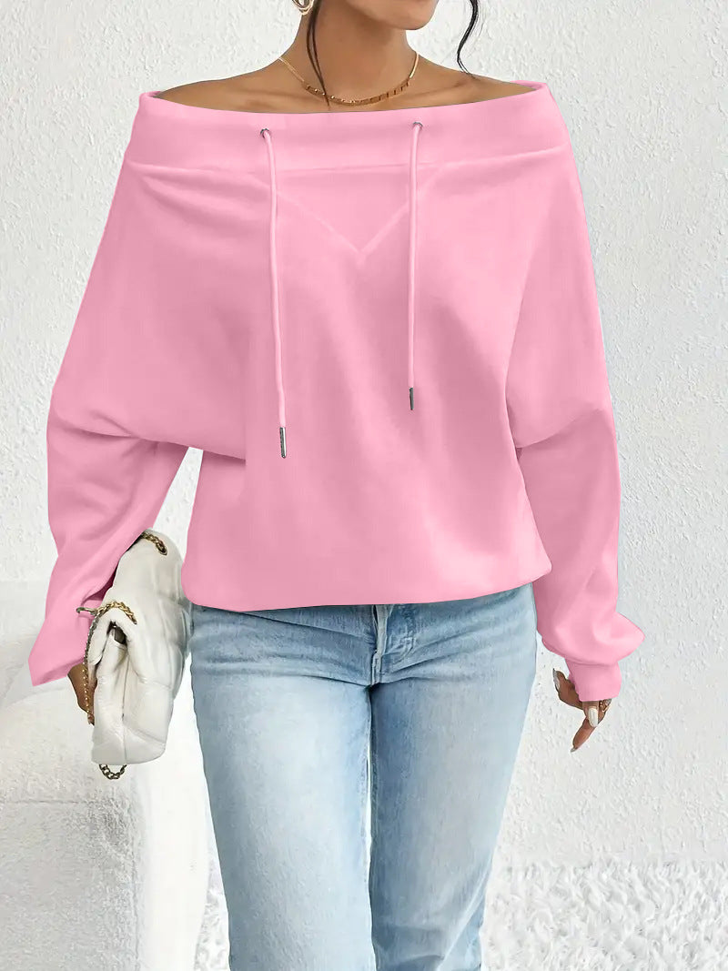 Off Shoulder Drawstring Slouchy Sweatshirt - Pink