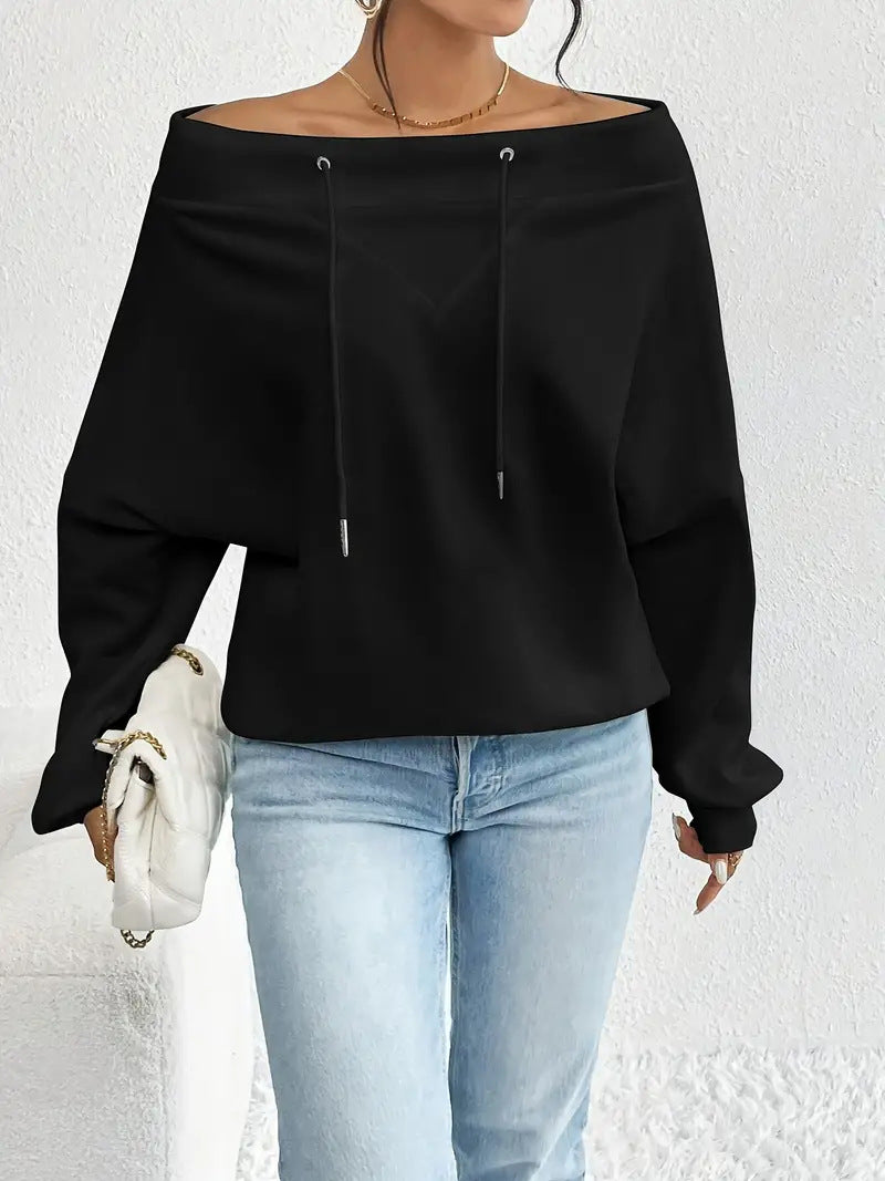 Off Shoulder Drawstring Slouchy Sweatshirt - black