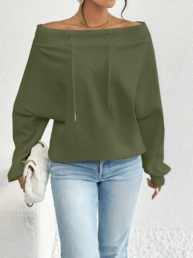 Off Shoulder Drawstring Slouchy Sweatshirt - green