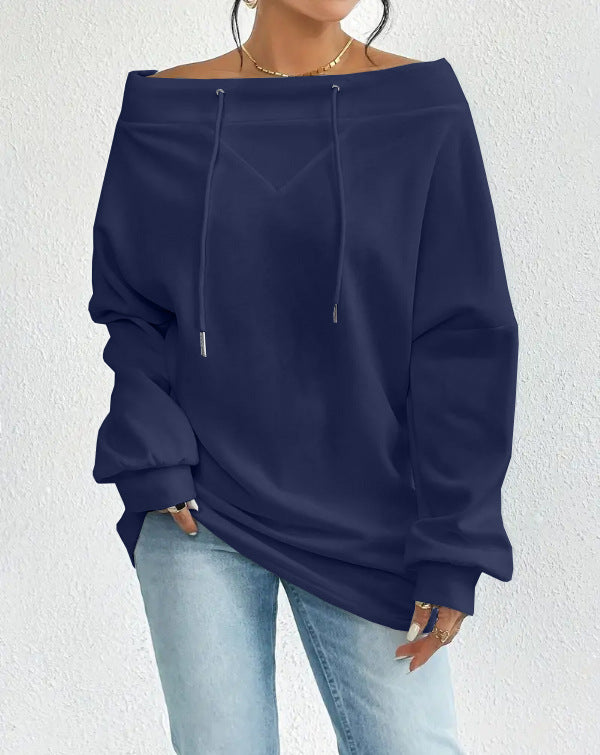 Off Shoulder Drawstring Slouchy Sweatshirt - navy