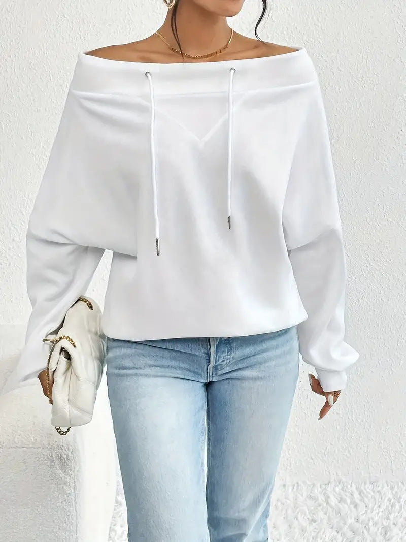 Off Shoulder Drawstring Slouchy Sweatshirt - white